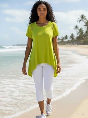 Chaus Lime Green Sharkbite Short Sleeve Top with Shoulder Zips